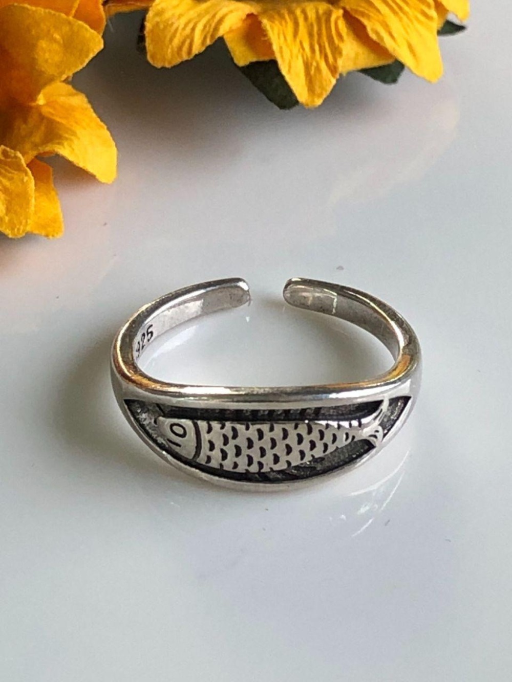 Sterling Silver Fish Motif Adjustable Ring - Silver